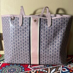 Tory Burch Pink and Navy Patterned Tote